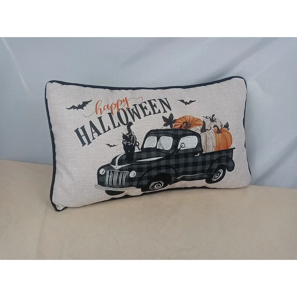 Happy Halloween Throw Pillow‎ Black Cat On Vintage Truck & Pumpkins Fall Pillow